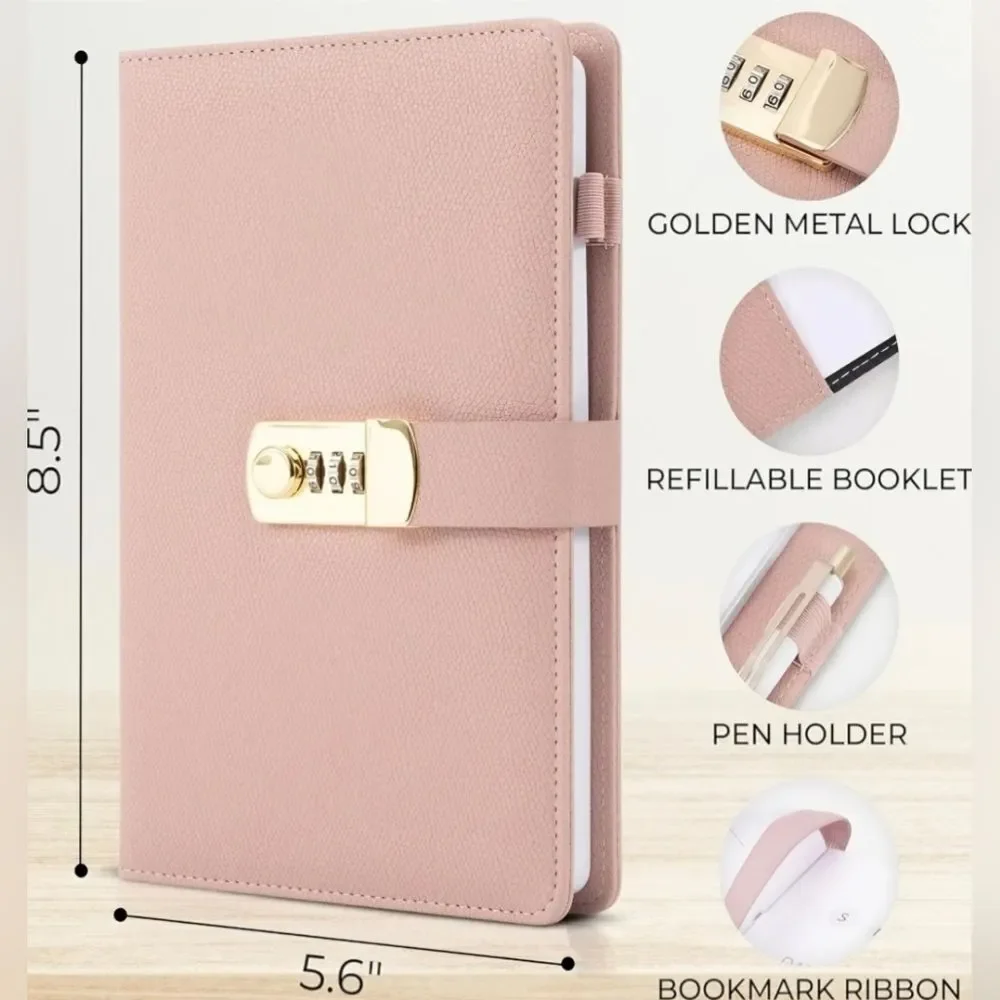 🔸️⏭️NWOT Pink Combination Lock Faux Leather Refillable Journal